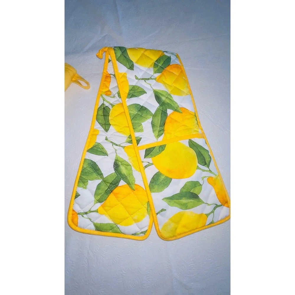 2 Williams-Sonoma Yellow Oven Mitts & 1 Lemon Print Double Pot Holder Towel USA